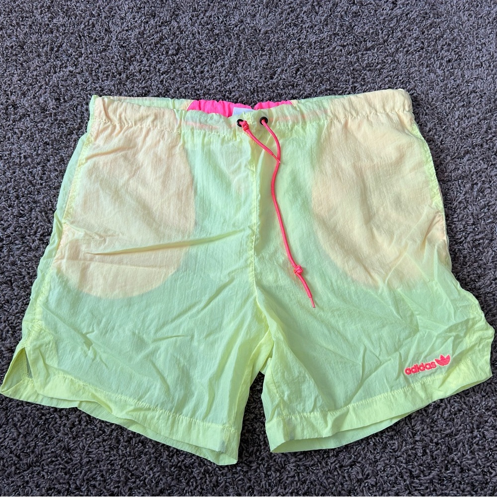 RARE Adidas Vintage 90s Y2K Yellow Pink Nylon Drawstring Athletic Swim Shorts